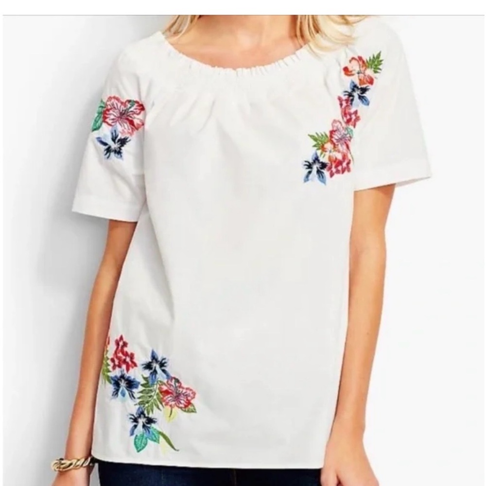 Talbots Off White Short-Sleeve Embroidered Floral Tunic Top Cotton